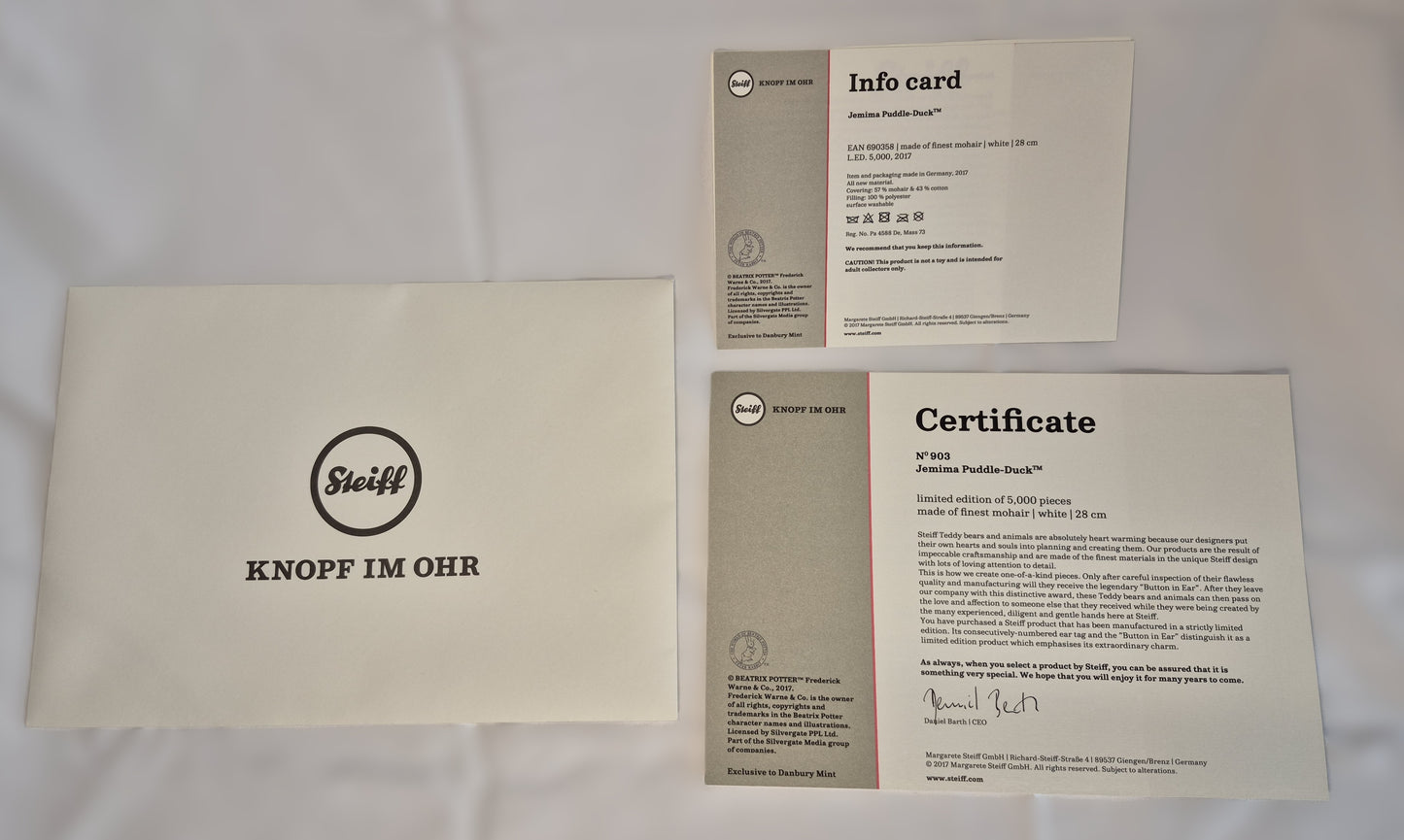 Steiff 690358 Jemima Puddle-Duck (TM), Danbury Mint, 26cm, selten, lim. (2016)