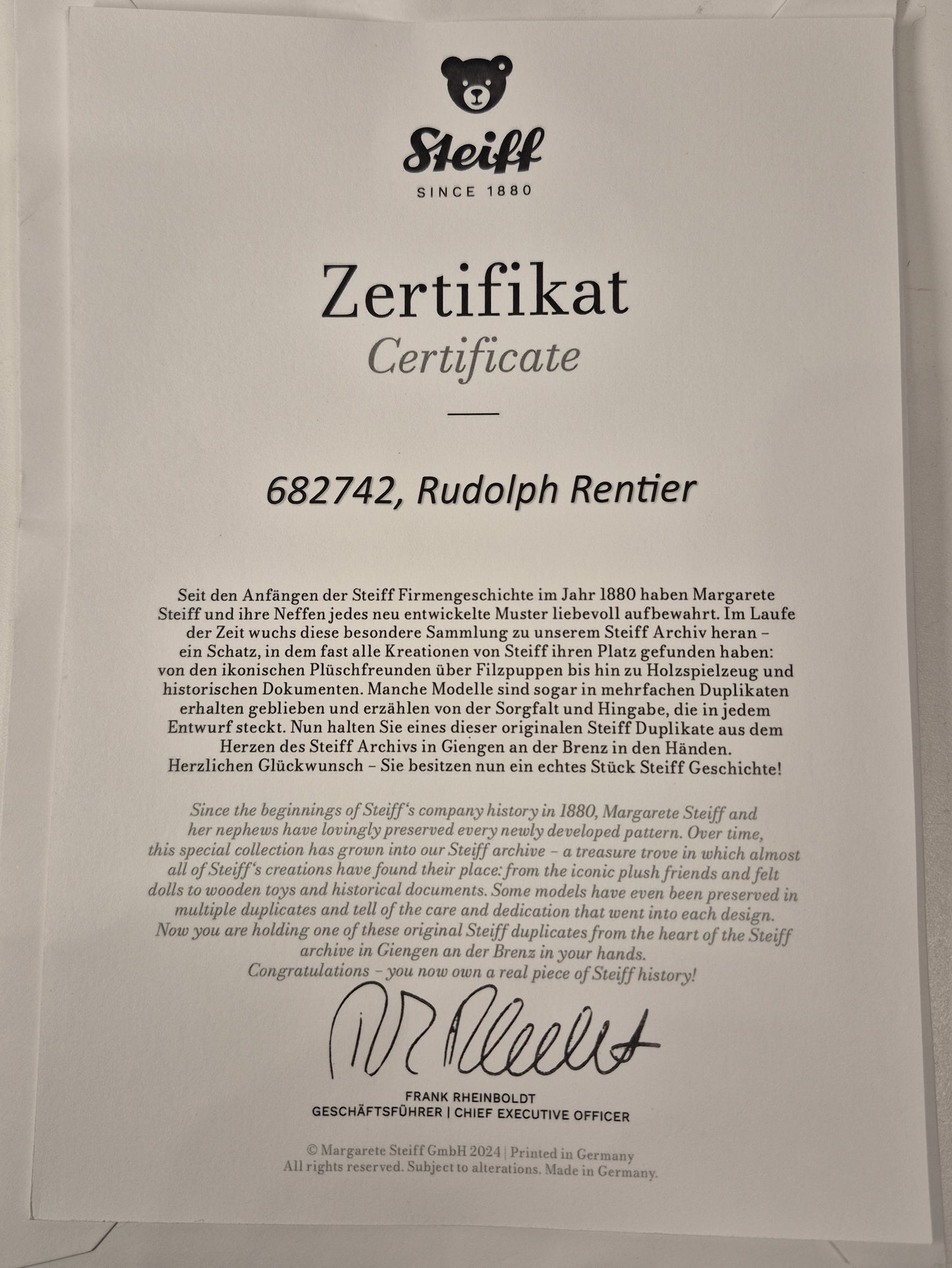 Steiff ARCHIV Prototyp Rudolph, 25cm, 2014, mit Zertifikat, neuwertig
