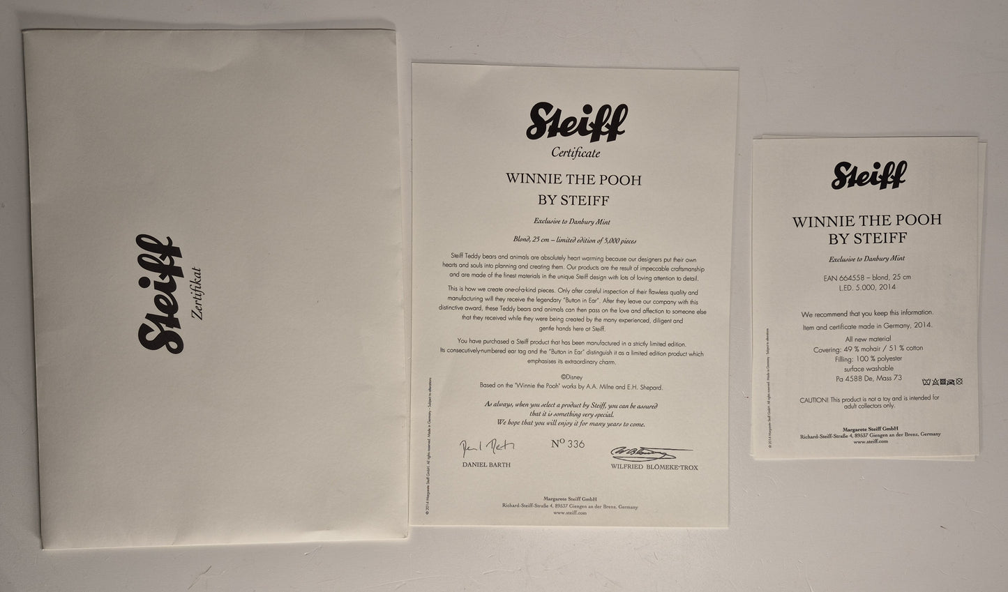 Steiff 664558 Winnie The Pooh, Danbury Mint, 25cm, selten, lim. (2014)