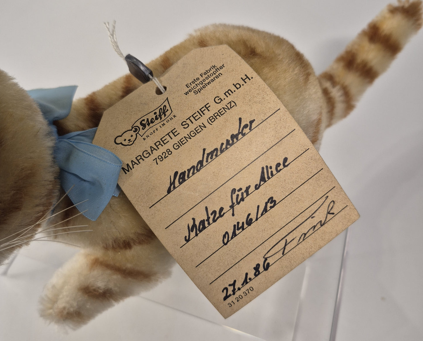Steiff HANDMUSTER KATZE Alice im Wunderland, 13cm, nur1986, neuwertig ARCHIV