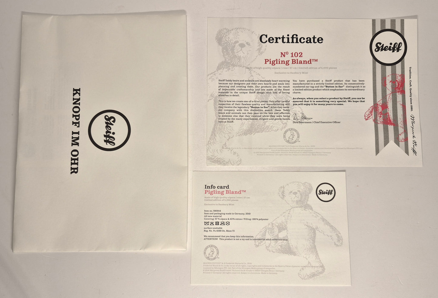 Steiff 690914 Pigling Bland™, Danbury Mint, 27cm, selten, lim. (2019)